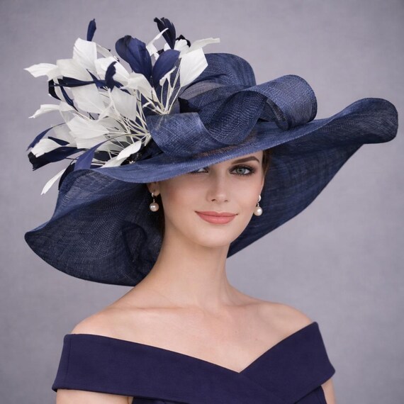 ?NAVY BLUE WIDE BRIM HAT with White Bow Wide Brim Kentucky Derby Hat, Ascot Hat for Wedding & Tea  main image 3