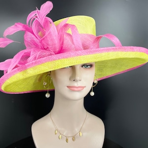 Church  Kentucky Derby Hat Carriage Tea Party Wedding Wide Brim Woman’s Royal Ascot Hat in Solid Sinamay Hat Lime Green w Hot Pink