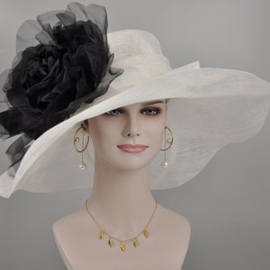 White w Black Jumbo Silk Flower, Kentucky Derby hat, Church hat, Wedding hat, Tea Party hat , Floppy Wide Brim Sinamay Dress Hat