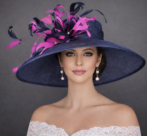 Navy custom floral fancy Derby hat, handmade Wide Brim Sinamay Derby Hat: Ivory, Blue Silk Flowers - Etsy main image 4