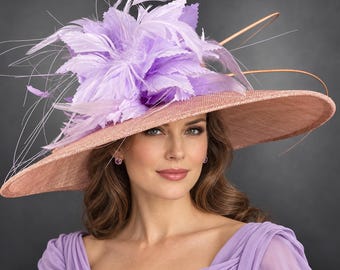 May include: A wide-brimmed hat in a dusty rose color featuring a large, elaborate arrangement of light purple feathers on the crown. The hat includes thin, curved, copper-toned wire accents that extend outward from the feather cluster.