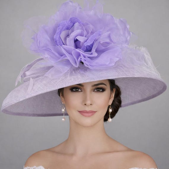 Lavender Wide-Brim Sinamay Hat w Lilac Feather Accent Flower Kentucky Derby Hat Wide Brim Sinamay Derby Hat: Lavender Lilac Feather Flower  main image 4