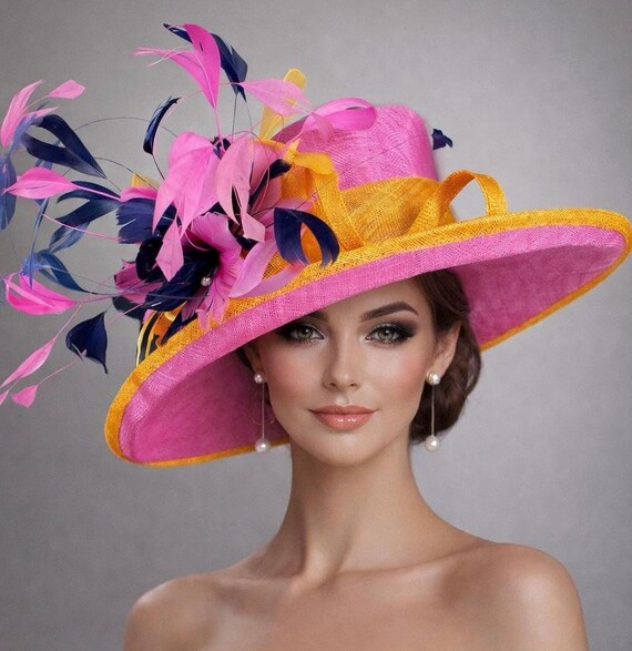 Hot Pink & Navy Feather Ascot Hat Wide Brim Kentucky Derby  display picture 1