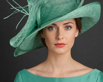 Turquoise Sinamay Derby Hat: Wide Brim Floppy Church Wedding