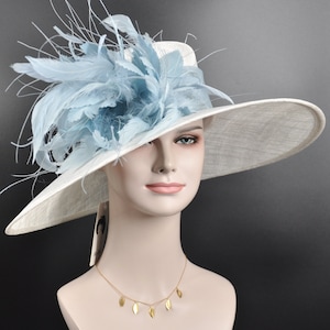 Church Kentucky Derby Hat Carriage Tea Party Wedding Wide Brim   Hat in Solid Sinamay Hat White with light/Powder  blue