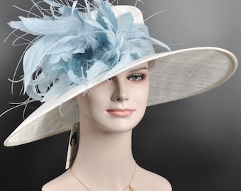 Sinamay Kentucky Derby Hat: White Wide Brim with Powder Blue Feathers