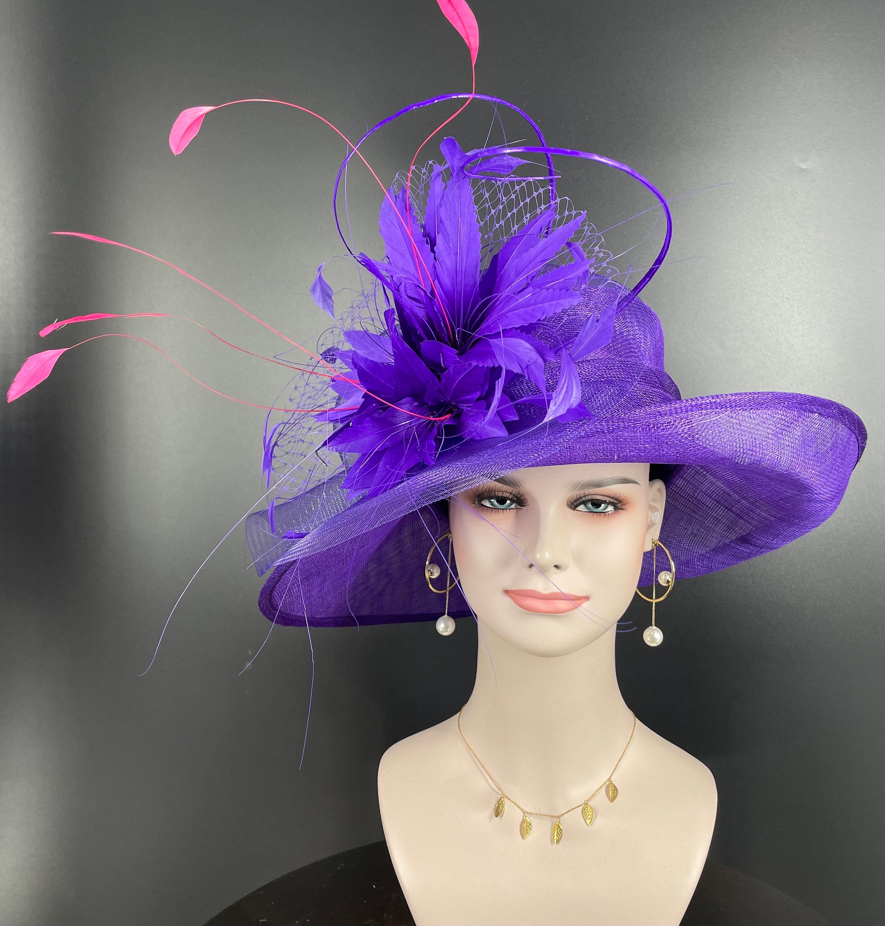 Purple Pink Flower Feather Wide Kentucky Derby Hat kentucky derby hat fascinator blue and pink feather flowers  main image 2