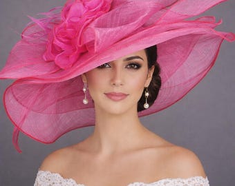 Hot Pink Wide Brim Sinamay Hat ,Kentucky Derby Hat ,Church,Royal Ascot, Wedding, Tea&Garden,Mother of The Bride