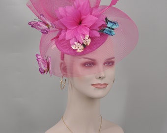 Kentucky Derby Hat Wedding Feather w Butterflies  Floral Organza w Sinamay Headband Fascinator Hat Cocktail Hot Pink