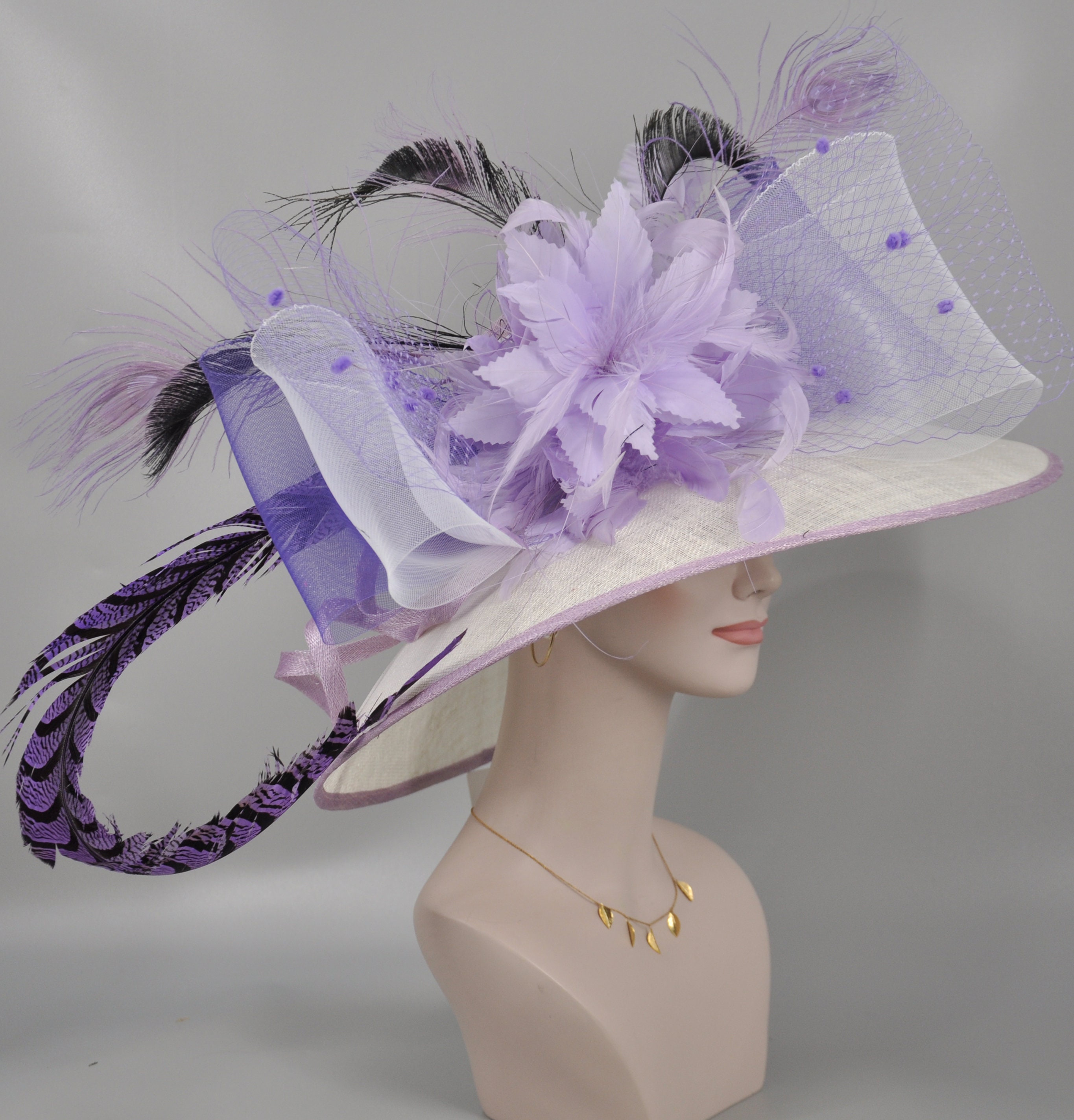 Wide Brim Sinamay Derby Hat: Lavender Lilac Feather Flower 