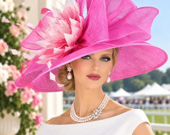 Fuchsia Pink  Wide Brim Sinamay Derby Hat, Feather Flower Kentucky Derby Hat, Ascot Royal Races, Wedding Guest Tea Party, Oaks Hat