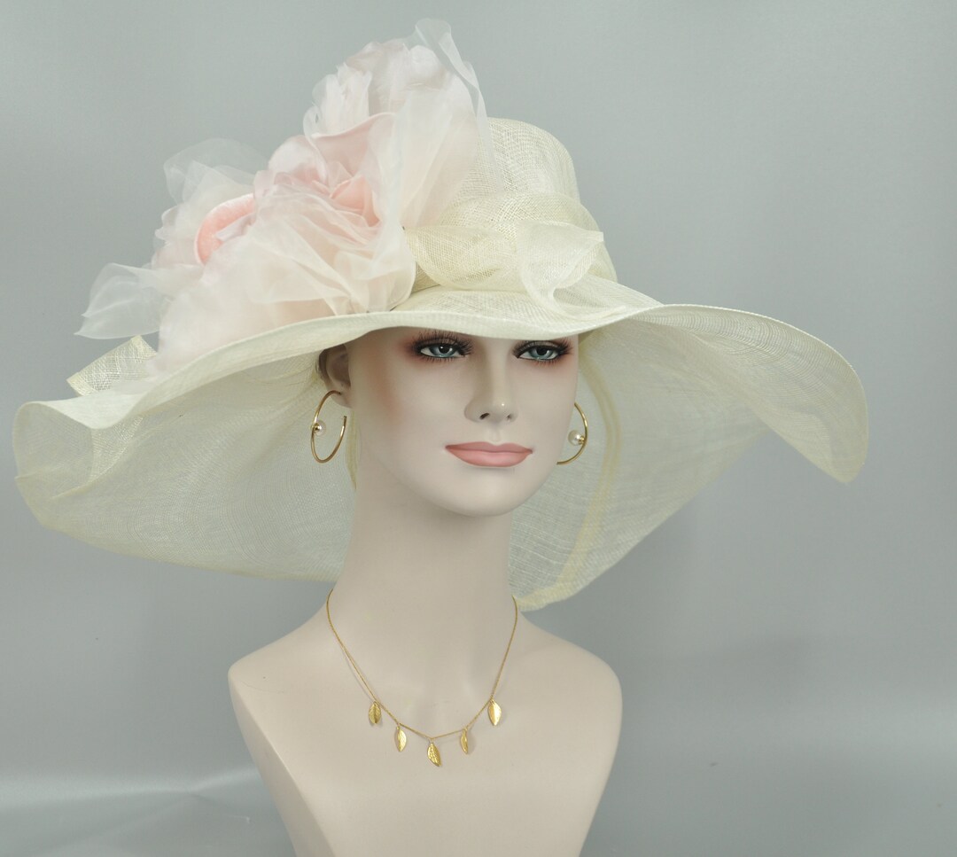 帽子 MEYAME COTTON SILK HAT Wide Brim Sinamay Hat: Ivory With Blush Pink Silk Flower - Etsy
