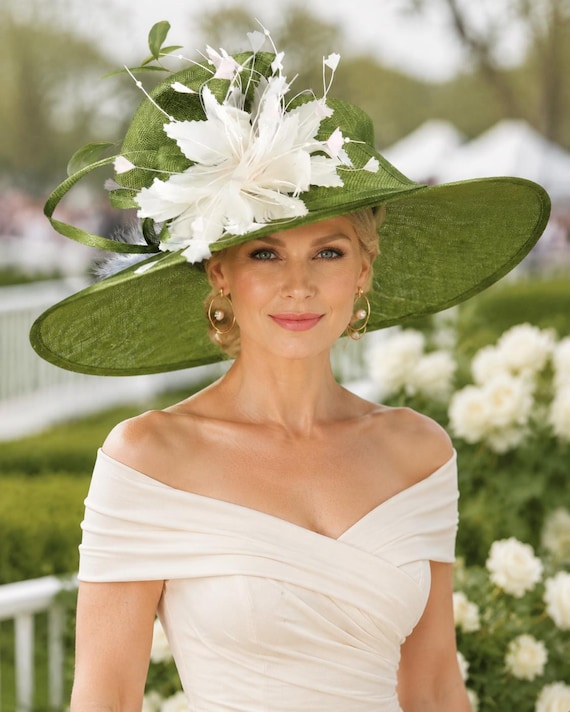 Olive Green  Ivory Blush Pink  Wide Brim Sinamay Hat Kentucky Derby Hat Wedding Church Tea Party Garden Party Ascort Royal Party Hat