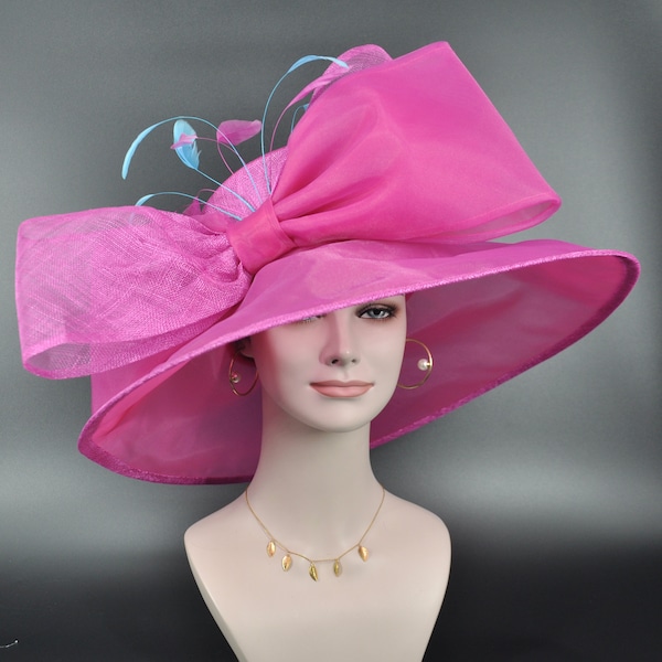 Fuchsia/Hot Pink Blue Kentucky Derby Hat, Church Hat, Wedding Hat, Easter Hat, Tea Party Hat Wide Brim Royal Ascot Horse Race Oaks day hat