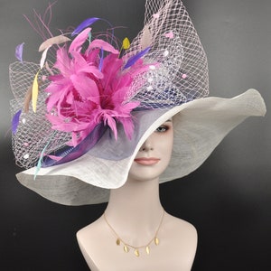Church Kentucky Derby Hat Carriage Tea Party Wedding Wide Brim Sinamay Hat White with Colorful Feather Flower