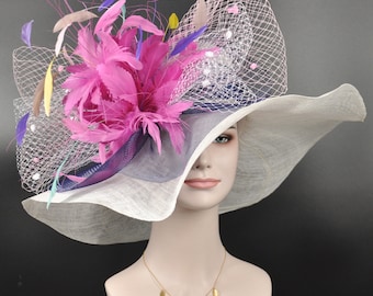 Church Kentucky Derby Hat Carriage Tea Party Wedding Wide Brim Sinamay Hat White with Colorful Feather Flower