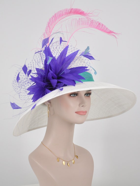 White Purple Pink Flower Wide Brim Kentucky Derby Hat, Ascot  display picture 1