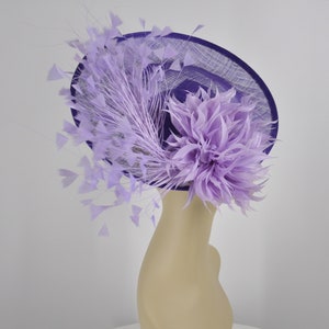Lavender Sinamay Disc Fascinator Hat with  Jumbo Goose Feather Flowers  15 colors available