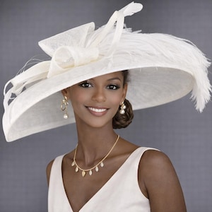 Wide Brim Kentucky Derby Hat, Ascot Hat for Wedding & Tea Party, Garden Party Hat, Mother of the Bride, Church Ivory/Off White