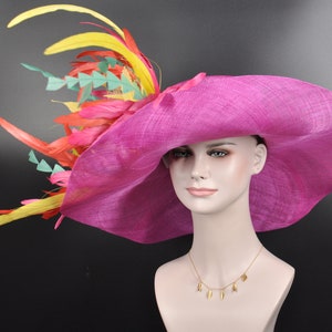 Hot Pink w Lemon Yellow Turquoise Red Kentucky Derby Hat, Tea Party Hat Wide Brim Sinamay Hat image 2