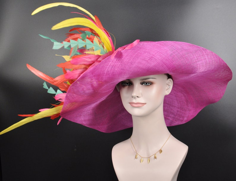 Hot Pink w Lemon Yellow Turquoise Red Kentucky Derby Hat, Tea Party Hat Wide Brim Sinamay Hat image 2