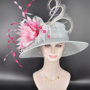 Powder  Blue w Mix  Pink Wide Brim Sinamay Hat Church Kentucky Derby Hat  Tea Party Wedding Royal Ascot Hat Horse Race Oaks day hat