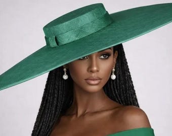 Wide Brim Sinamay Fascinator 23.5” Derby Hat Ascot Headpiece Elegant Statement Wedding Tea Party Race Day Hat Emerald Green