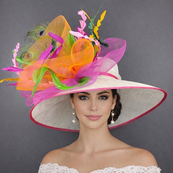 Wide Brim Derby Hat: Fuchsia, Orange, Peacock Feather Flower  display picture 2