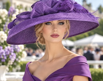 Fioletowy kapelusz Kentucky Derby z szerokim rondem i piórami, kapelusz Ascot na wesele i przyjęcie herbaciane, kapelusz na przyjęcie ogrodowe, dla matki panny młodej, do kościoła