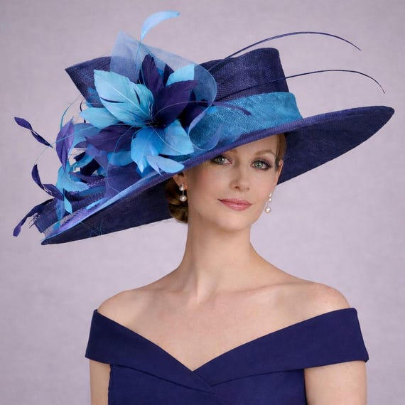 Navy Blue Teal Blue Wide Brim Kentucky Derby Hat, Ascot Hat  display picture 2
