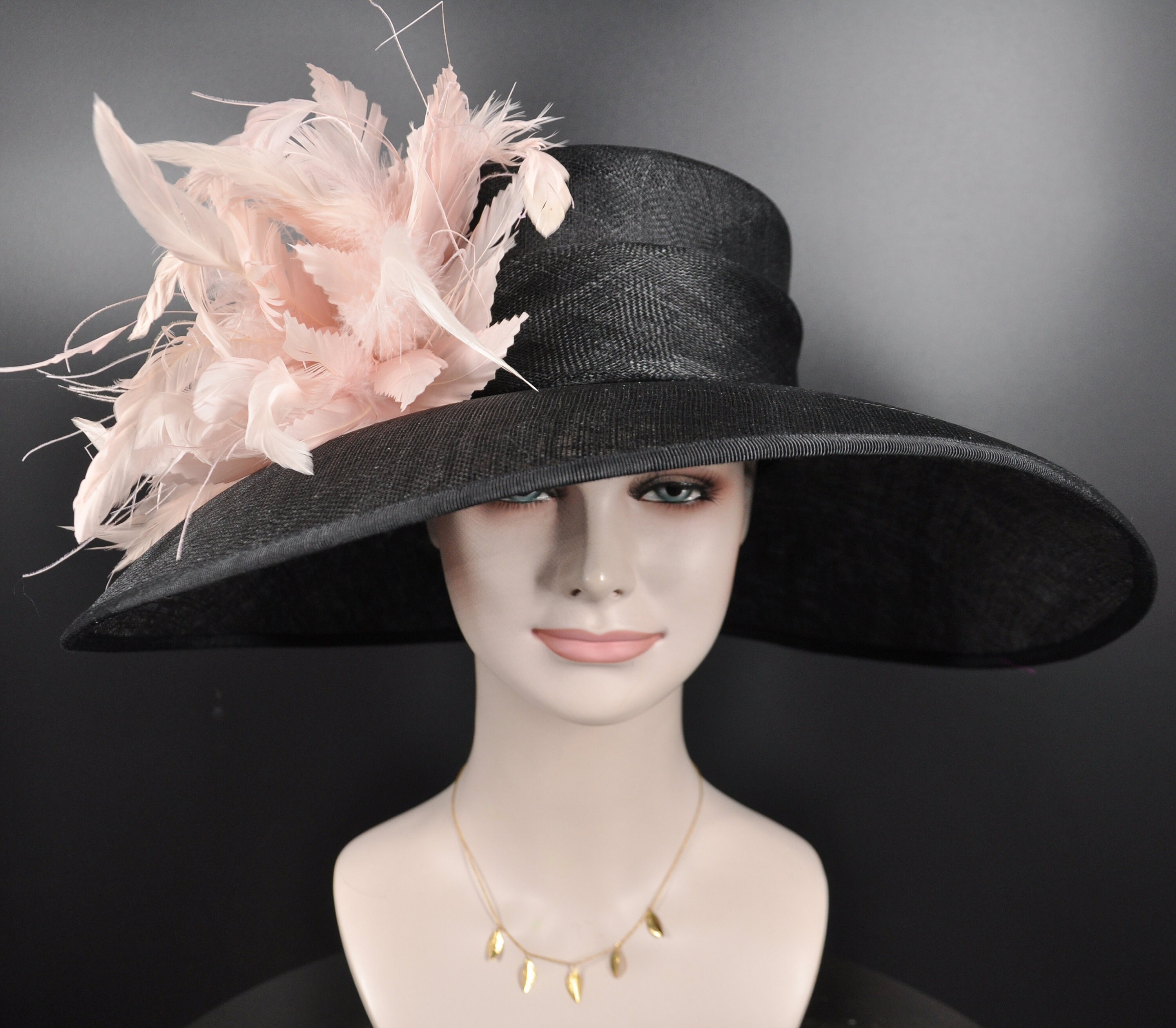 Elegant Black Summer/Derby Party Hat with gorgeous feathers and Pink Flower SD17( Black Peach hat )Kentucky Derby Hat, Church Hat  main image 4