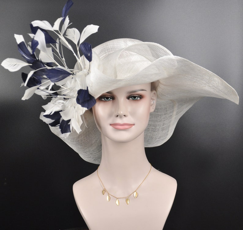 White w Navy Blue Feather Flower Kentucky Derby Hat, Church Hat, Wedding Hat, Easter Hat, Tea Party Hat Wide Brim Sinamay Hat image 2