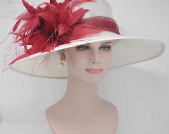 Church Kentucky Derby Carriage Tea Party Wedding Wide Brim  Royal Ascot Hat in Solid Sinamay Hat White with Burgundy