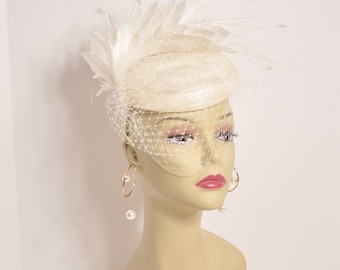 Ivory  Sinamay w Goose and Rooster Feather Flowers Fascinator Hat  Made On A Same Color Headband Many Colorful Feathers Available