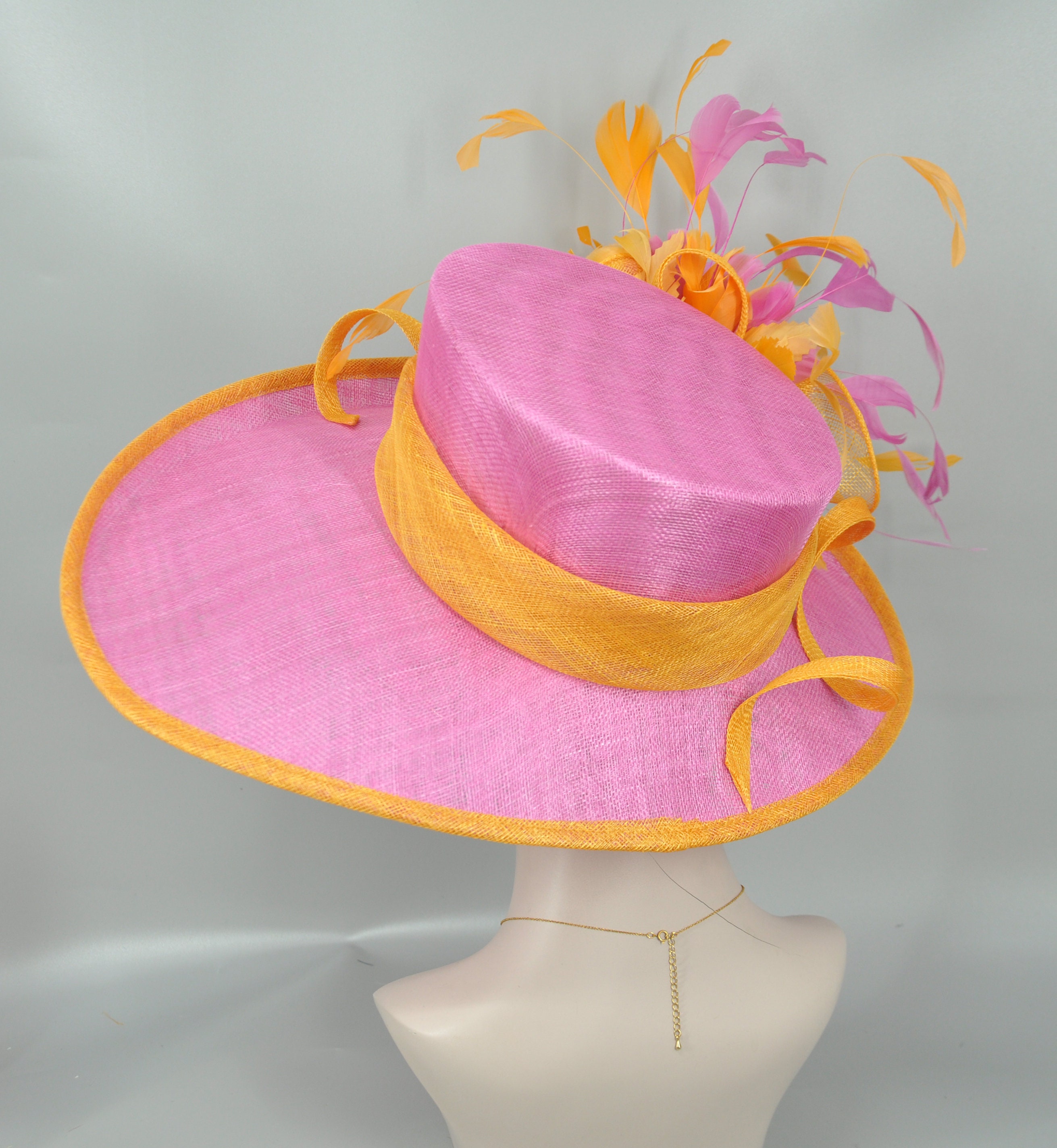 Kentucky Derby Hat Wide Brim KY Oaks Bow Floral Pink Orange  display picture 3