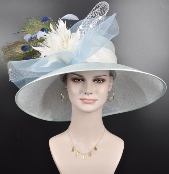 Wide Brim Sinamay Derby Hat: Powder Blue Feather Flower - Etsy