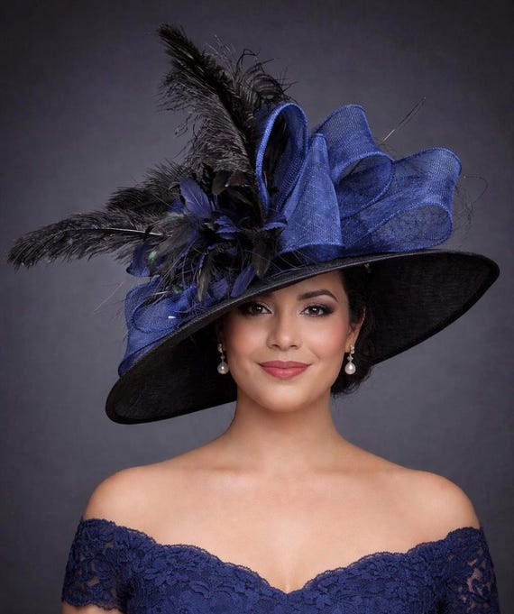 Navy Blue & Black Wide Brim Derby Hat, Kentucky Derby Party  display picture 1
