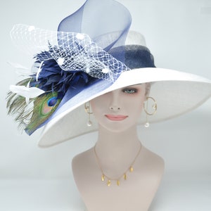 Church Kentucky Derby Hat Wide Brim Sinamay Hat  Carriage Tea Party Wedding  White with Navy Blue Peacock Feathers