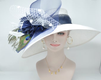 Church Kentucky Derby Hat Wide Brim Sinamay Hat  Carriage Tea Party Wedding  White with Navy Blue Peacock Feathers