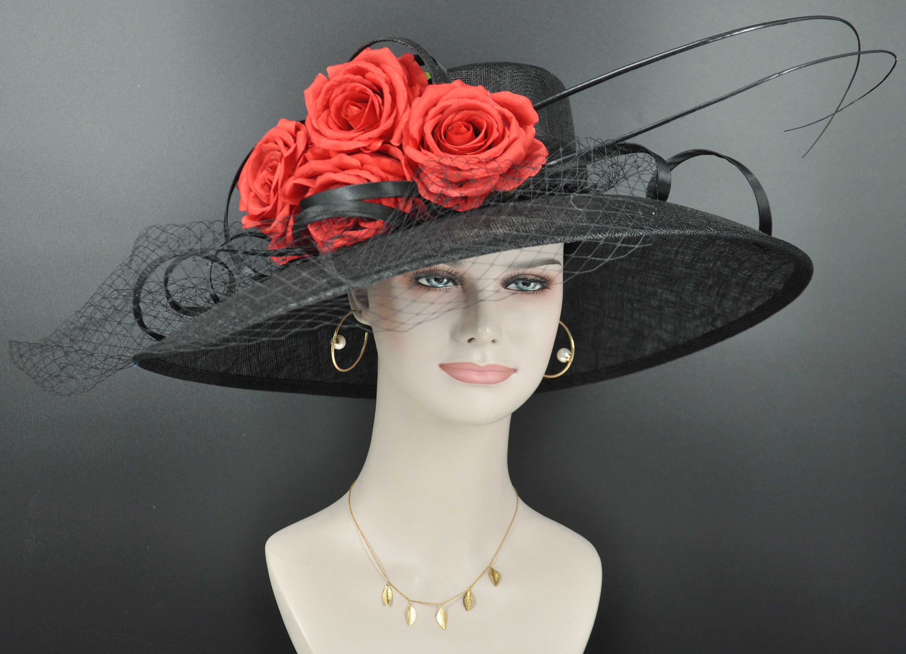Black with Silk Rose Flower Wide Brim Sinamay Hat Church Kentucky Derby Hat Carriage Tea Party Wedding Mother  of Bride Hat Easter Hat