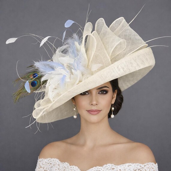 White Blue Feather Flower Wide Brim Kentucky Derby Hat,ascot  display picture 3