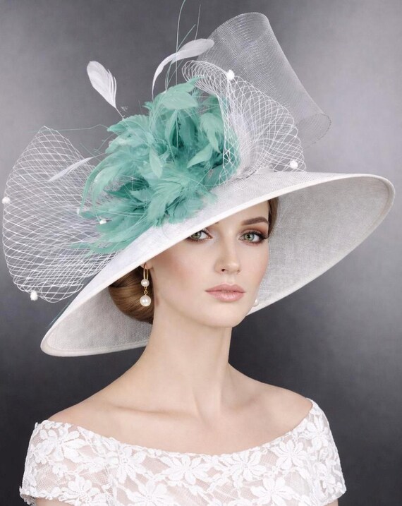 White Aqua Feather Flowers Wide Brim Kentucky Derby Hat 