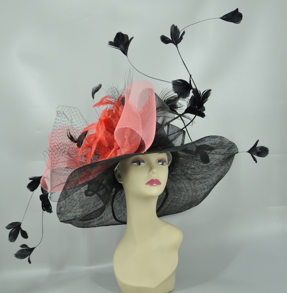 Black Sinamay Derby Hat: Coral Pink Bow & Feather Flowers  display picture 2