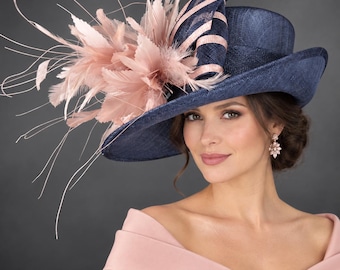 Kentucky Derby Hat,Ascot Hat for Wedding Tea Party, Garden Party Hat, Mother of the Bride, Church Oaks Day Navy Blue Blush Pink  Flower