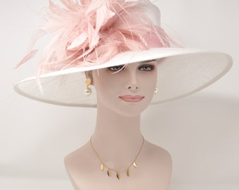 Wide Brim Sinamay Hat, Kentucky Derby Hat, Church hat, Tea Party Hat, Custom hat, Formal Hat, Fashion Hat, White W Blush/ Dusty Pink