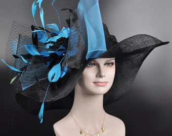 Black w Teal Blue Feather Flower Kentucky Derby Hat, Church Hat, Wedding Hat, Easter Hat, Tea Party Hat Wide Brim Sinamay  Hat