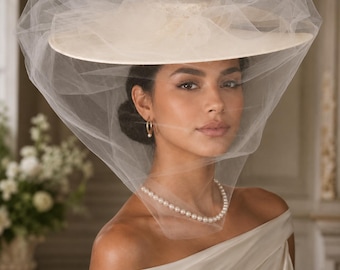 Ivory Wide Brim Veil Hat, Bridal Wedding Hat, Kentucky Derby Hat, Tea Party Hat, Royal Ascot Hat, Church Hat, Elegant Tulle Hat