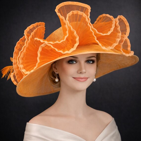 Orange Crin Wide Brim Sinamay Hat for Kentucky Derby,ascot  display picture 1
