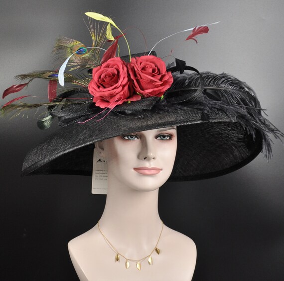 Sinamy Womens Derby Church Boater Hat One Size Beige Black Trim Flower wide brim Wide Brim Derbyfloppy Sinamay Hat With Flowers Millinery  main image 3