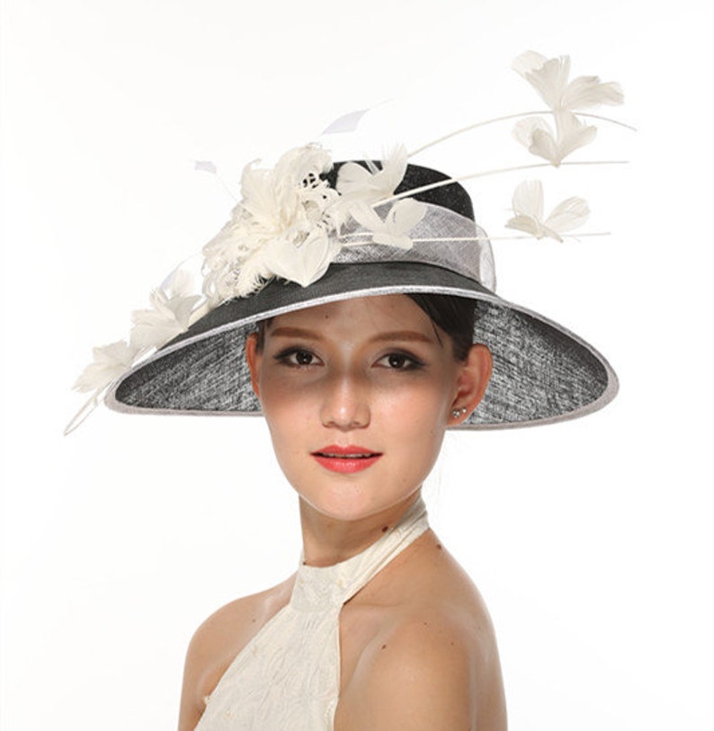 Black with White 3 Layers Kentucky Derby Hat, Church Hat, Wedding Hat, Easter Hat, Tea Party Hat zdjęcie 1